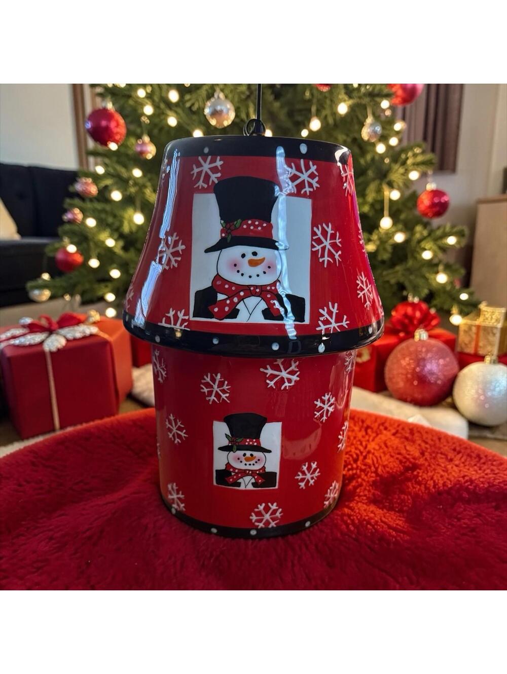 Tuxedo Snowman Ceramic Candle Jar 9"H With Lamp Shade Holiday Decor 2004 w/box